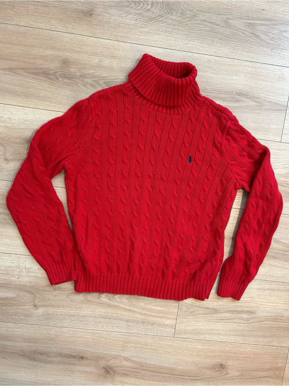Ralph Lauren Bright Red Cable-Knit Turtleneck Sweater